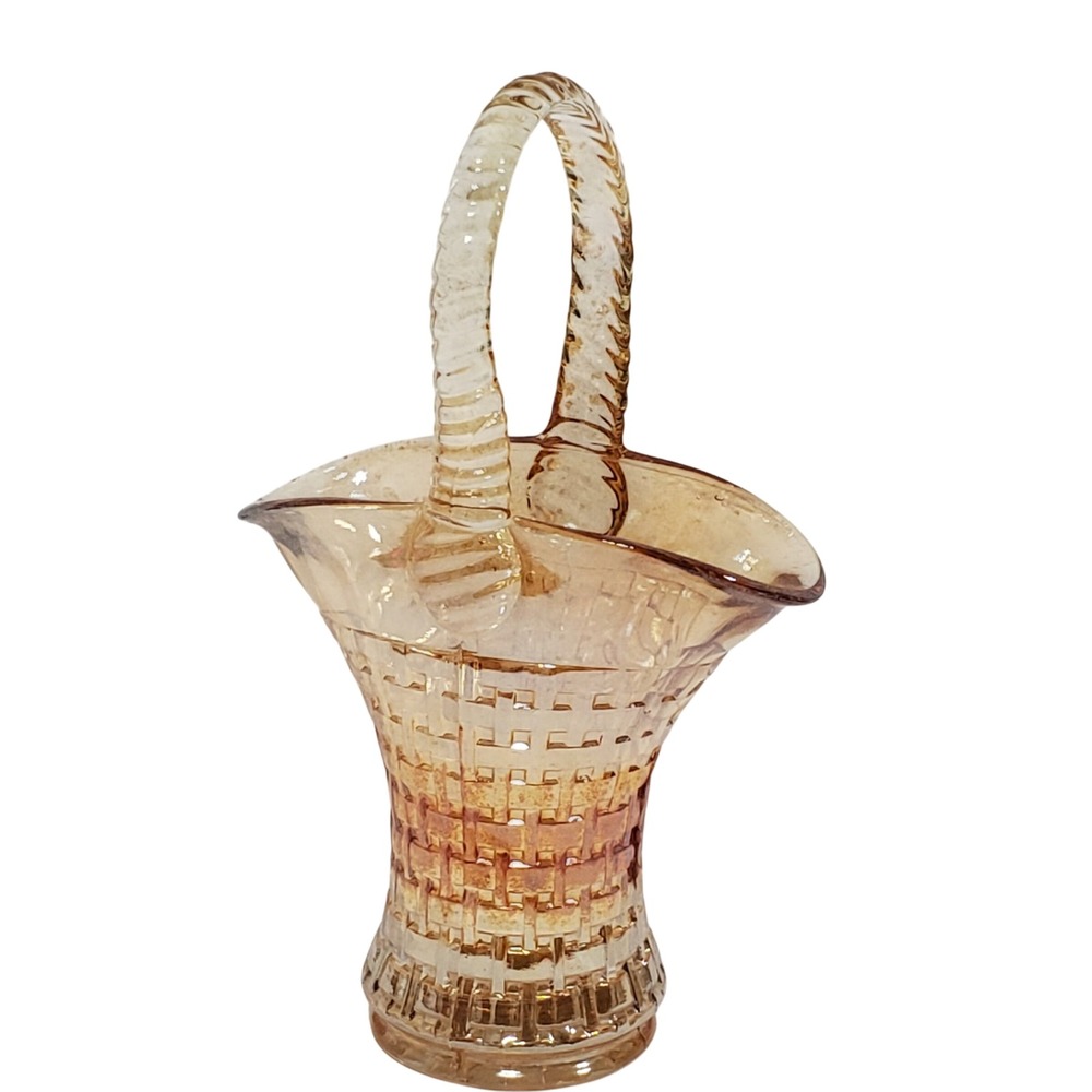 Vintage Imperial Marigold Iridescent Glass Basketweave Basket Amber Rope Handle